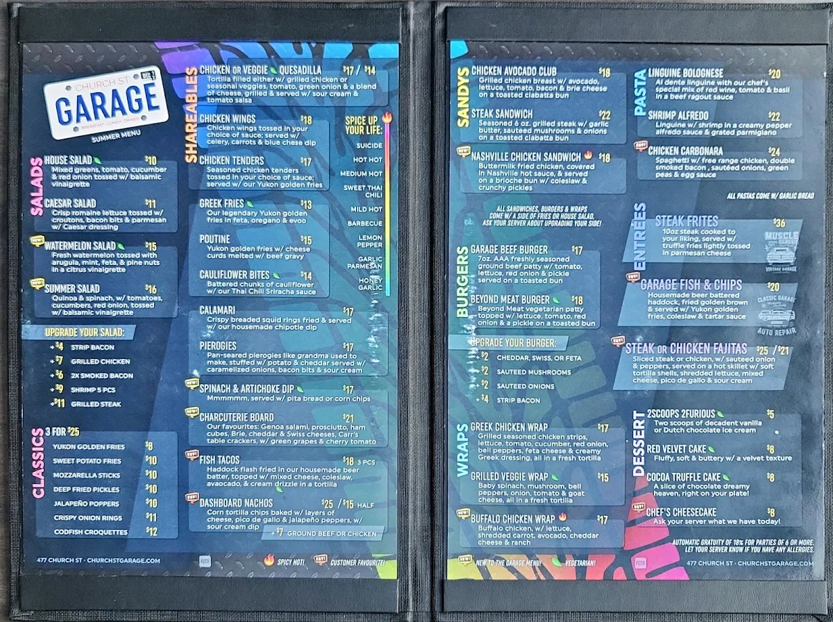 Menu, Church St. Garage Bar