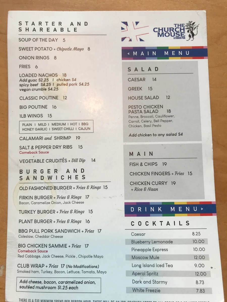 Menu, Church St. Garage Bar