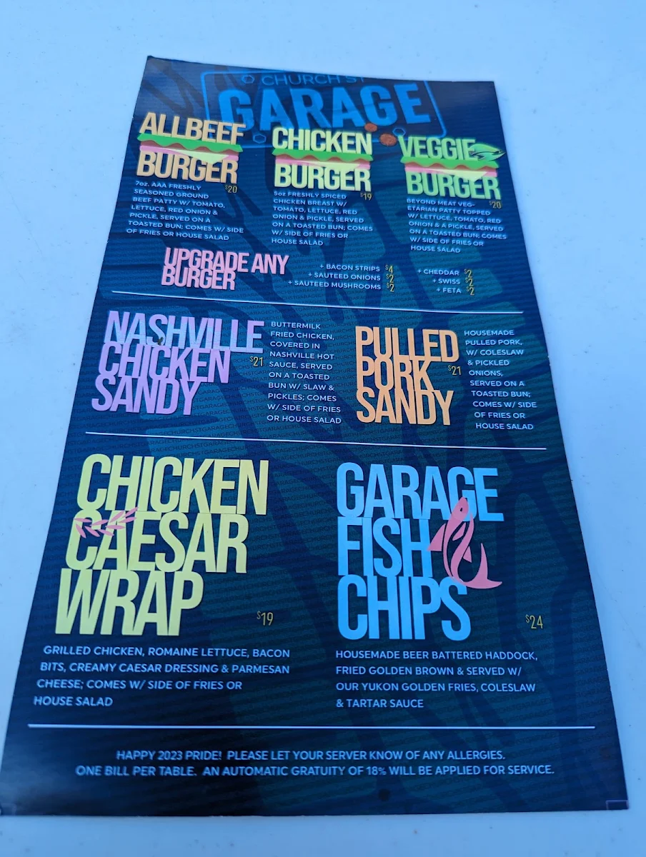 Menu, Church St. Garage Bar