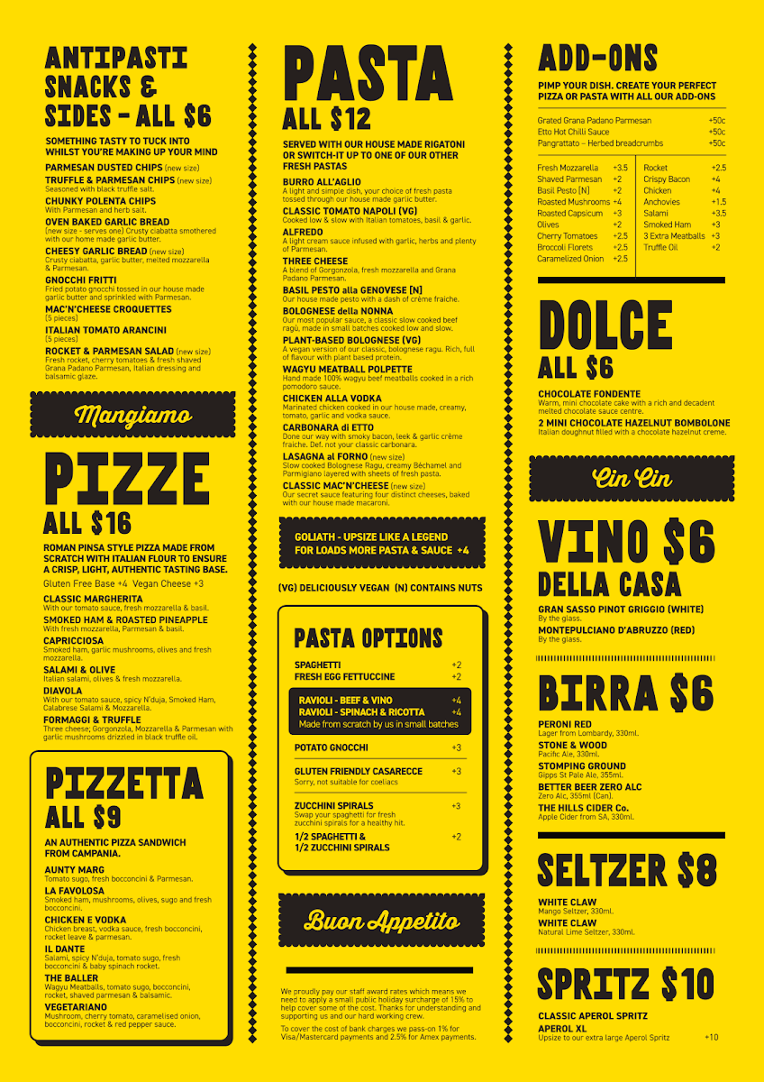 Menu, Etto Pasta Bar - South Melbourne