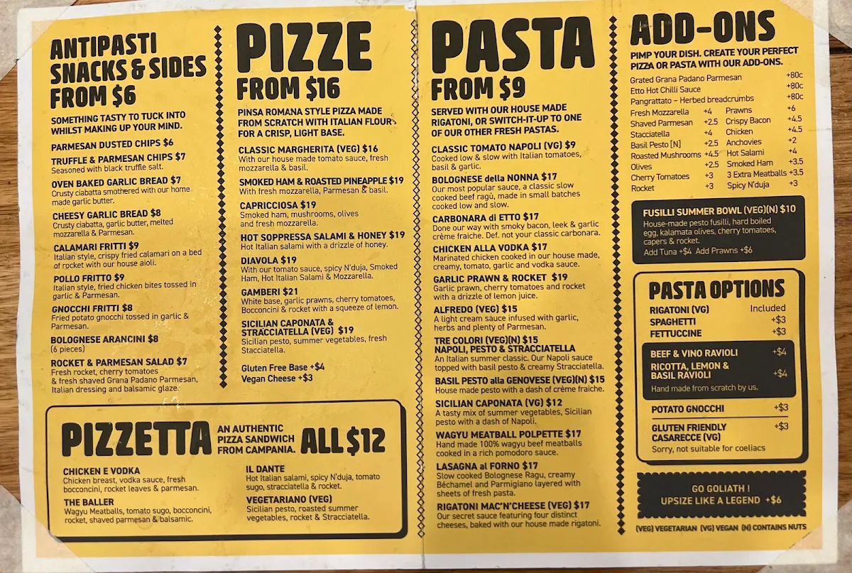 Menu, Etto Pasta Bar - South Melbourne
