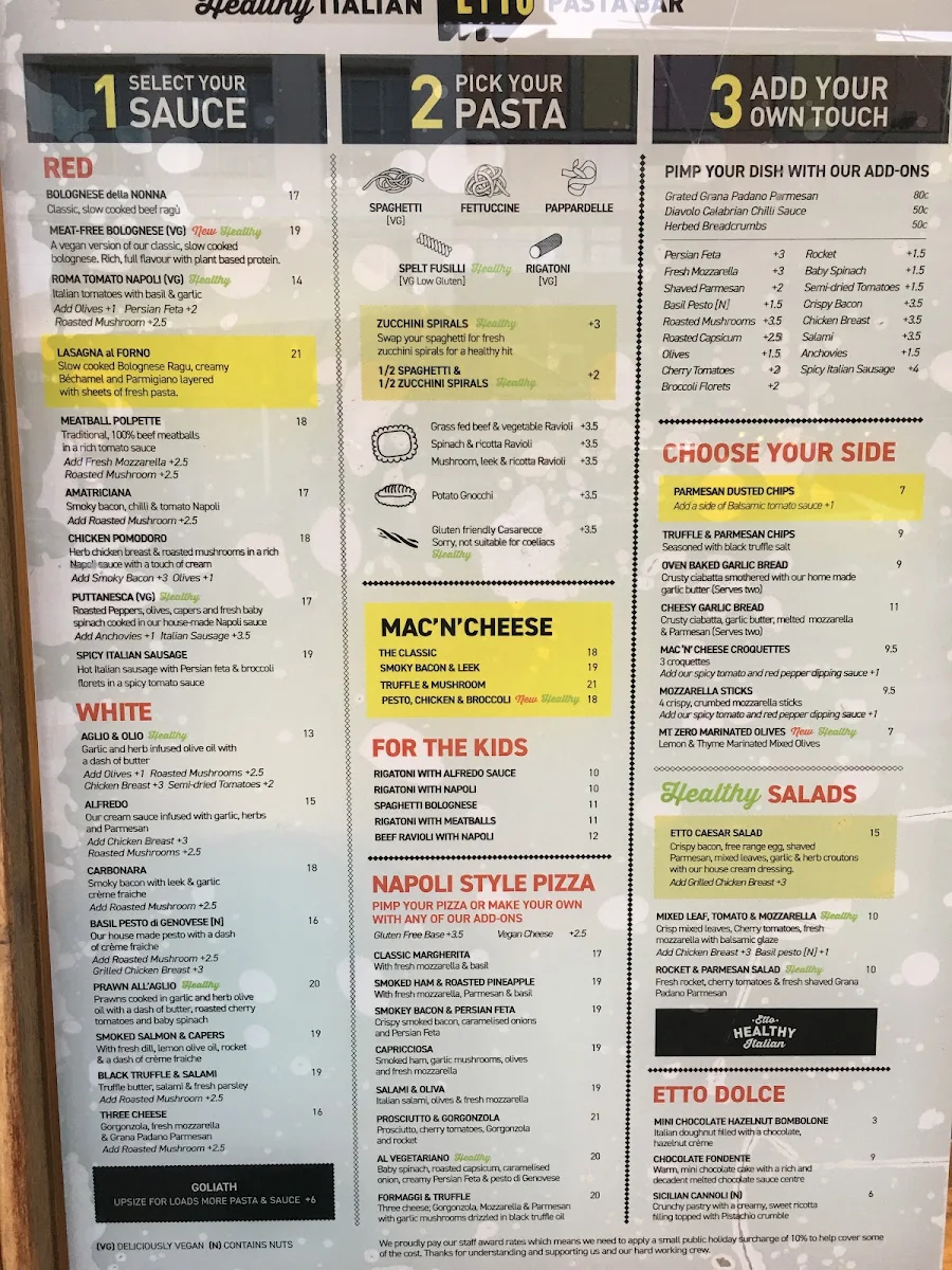 Menu, Etto Pasta Bar - South Melbourne