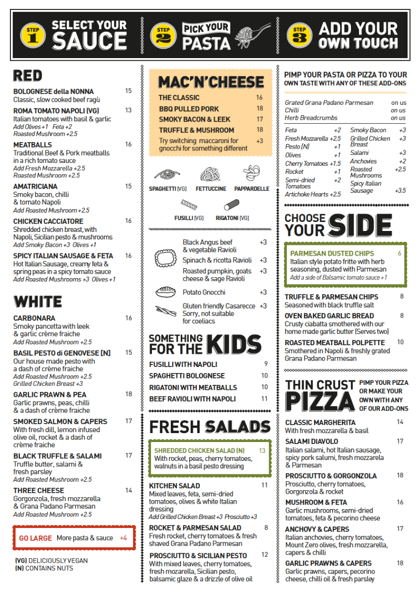 Menu, Etto Pasta Bar - South Melbourne