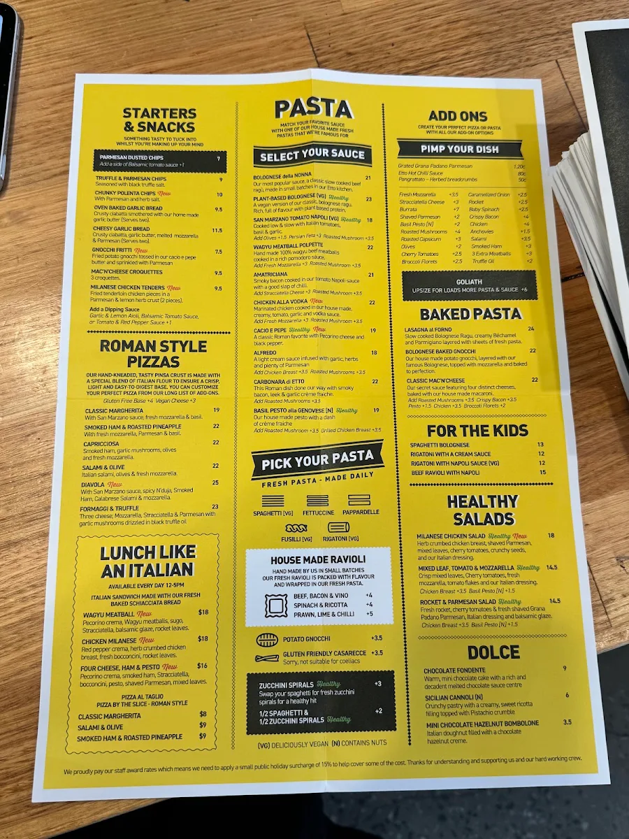 Menu, Etto Pasta Bar - South Melbourne