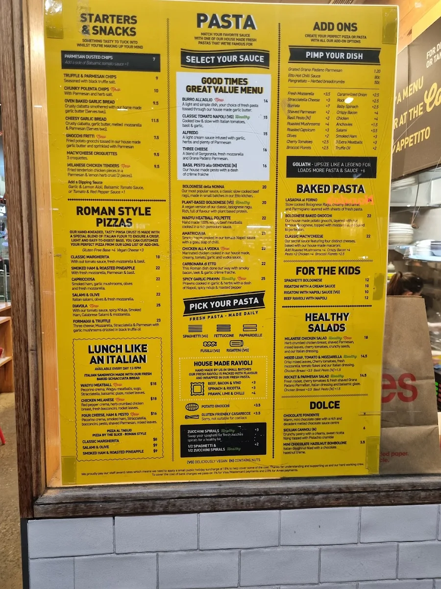 Menu, Etto Pasta Bar - South Melbourne