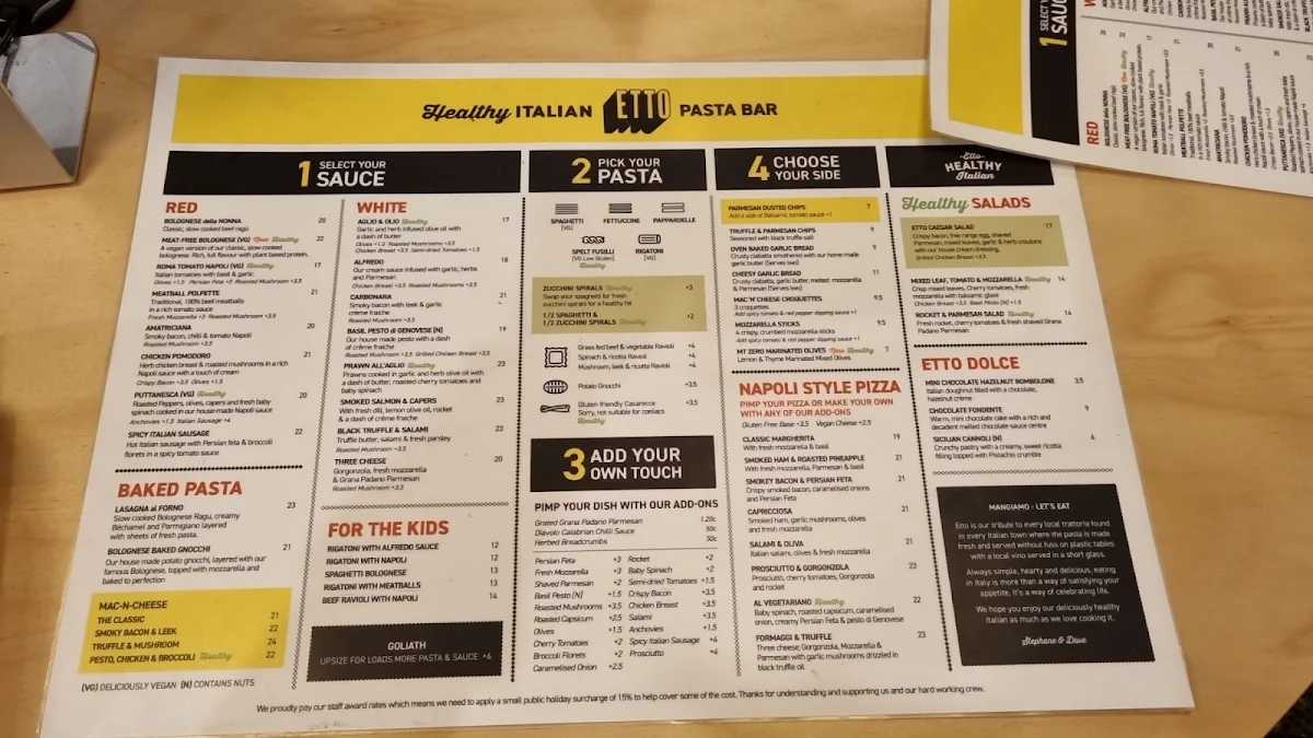 Menu, Etto Pasta Bar - South Melbourne
