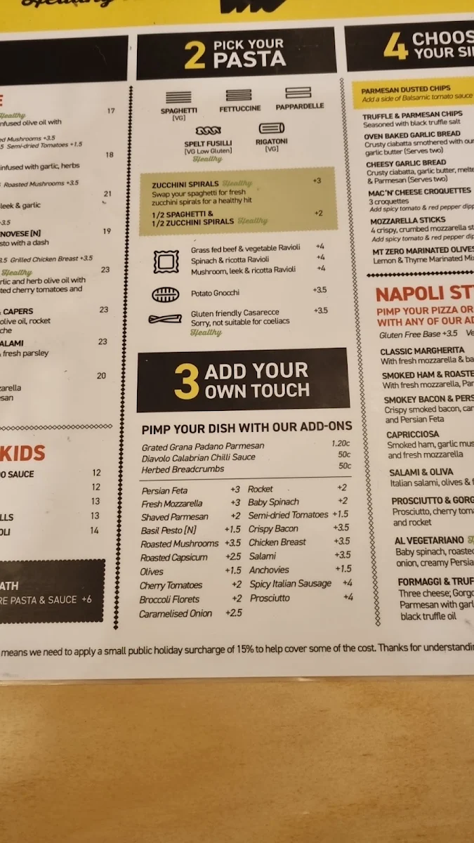 Menu, Etto Pasta Bar - South Melbourne
