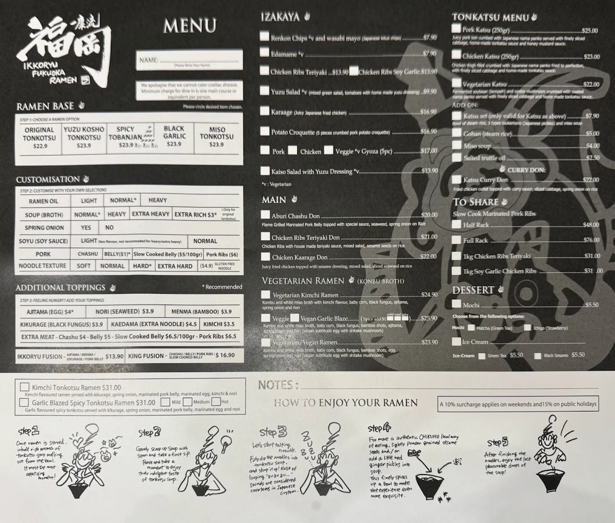 Menu, Ikkoryu Fukuoka Ramen