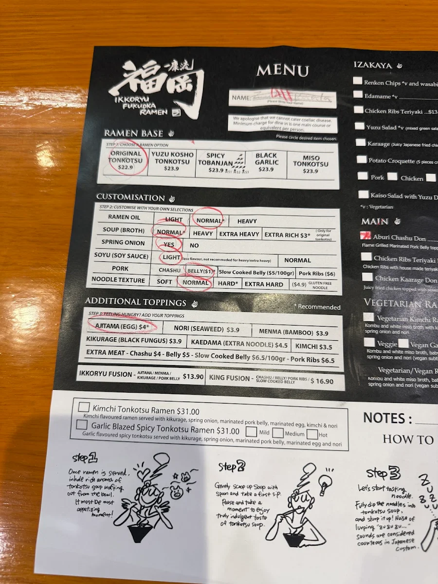 Menu, Ikkoryu Fukuoka Ramen