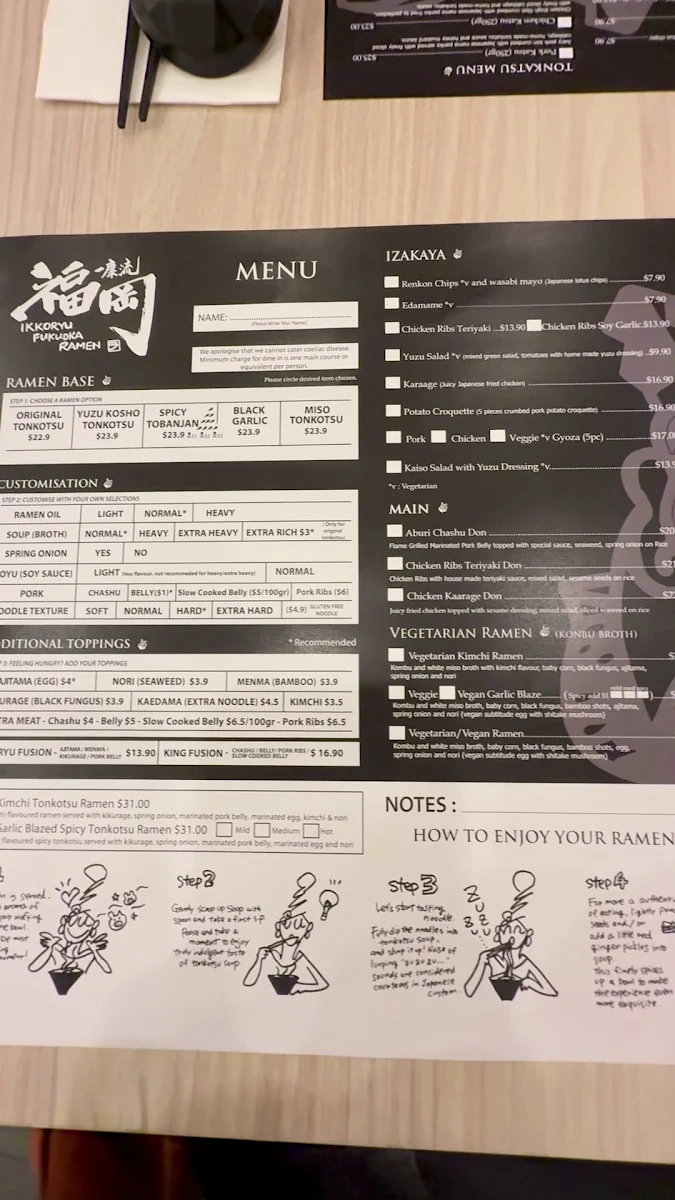 Menu, Ikkoryu Fukuoka Ramen