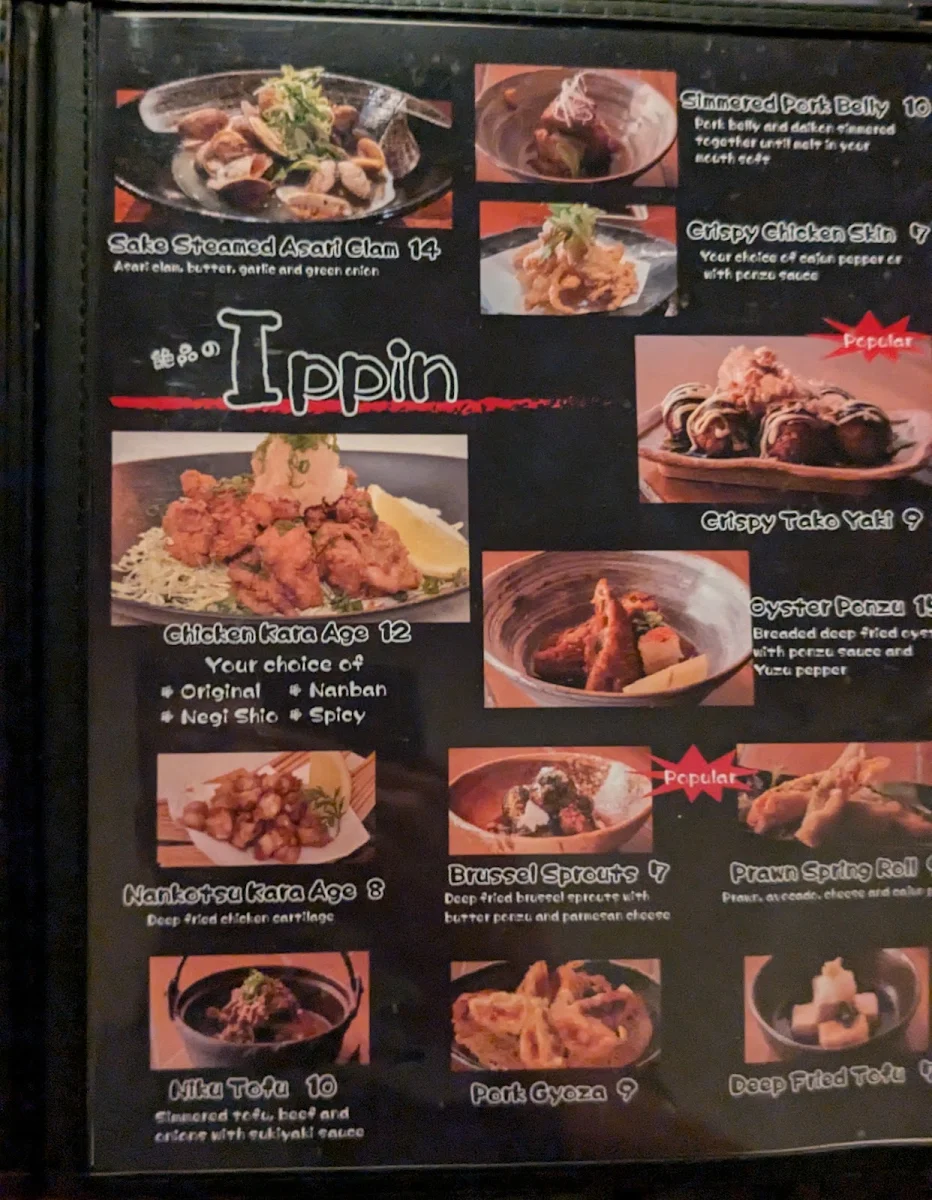 Menu, Izakaya Tomo