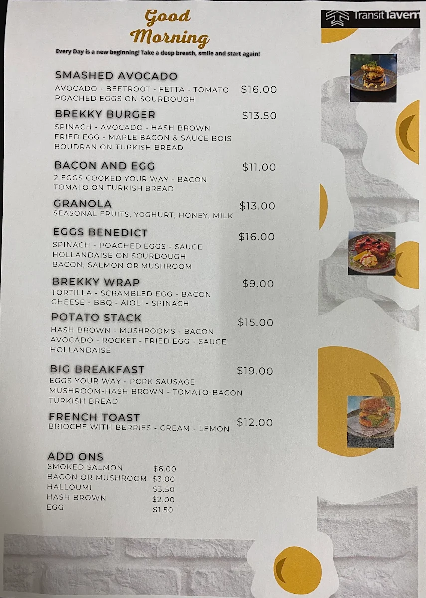 Menu, Transit Tavern