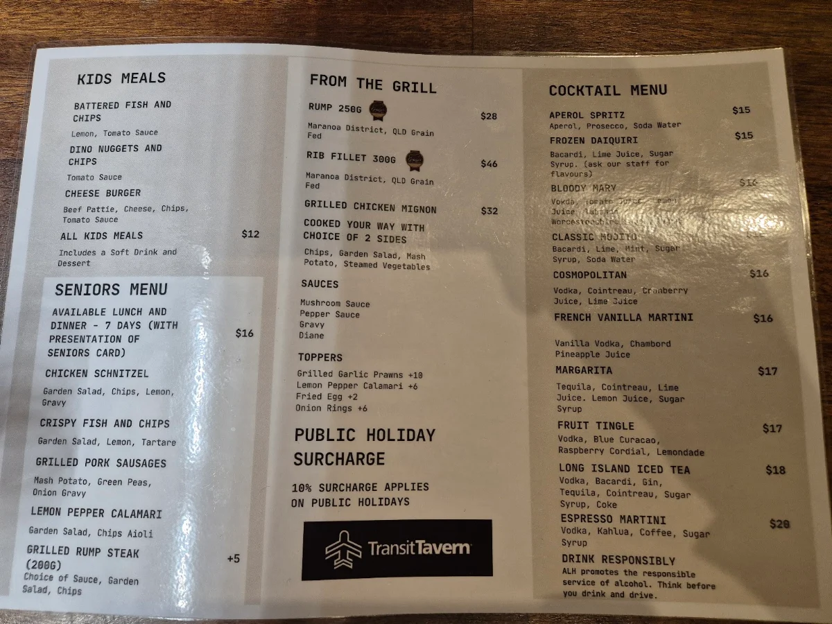 Menu, Transit Tavern