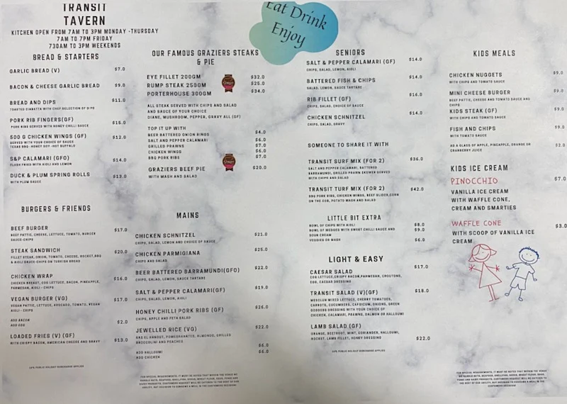 Menu, Transit Tavern