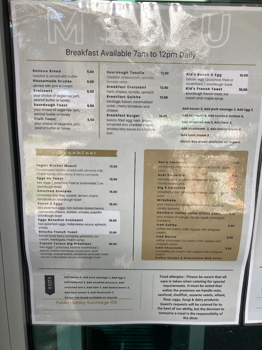 Menu, Transit Tavern