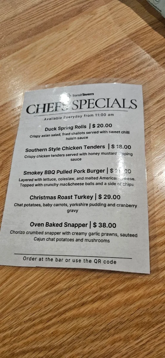 Menu, Transit Tavern