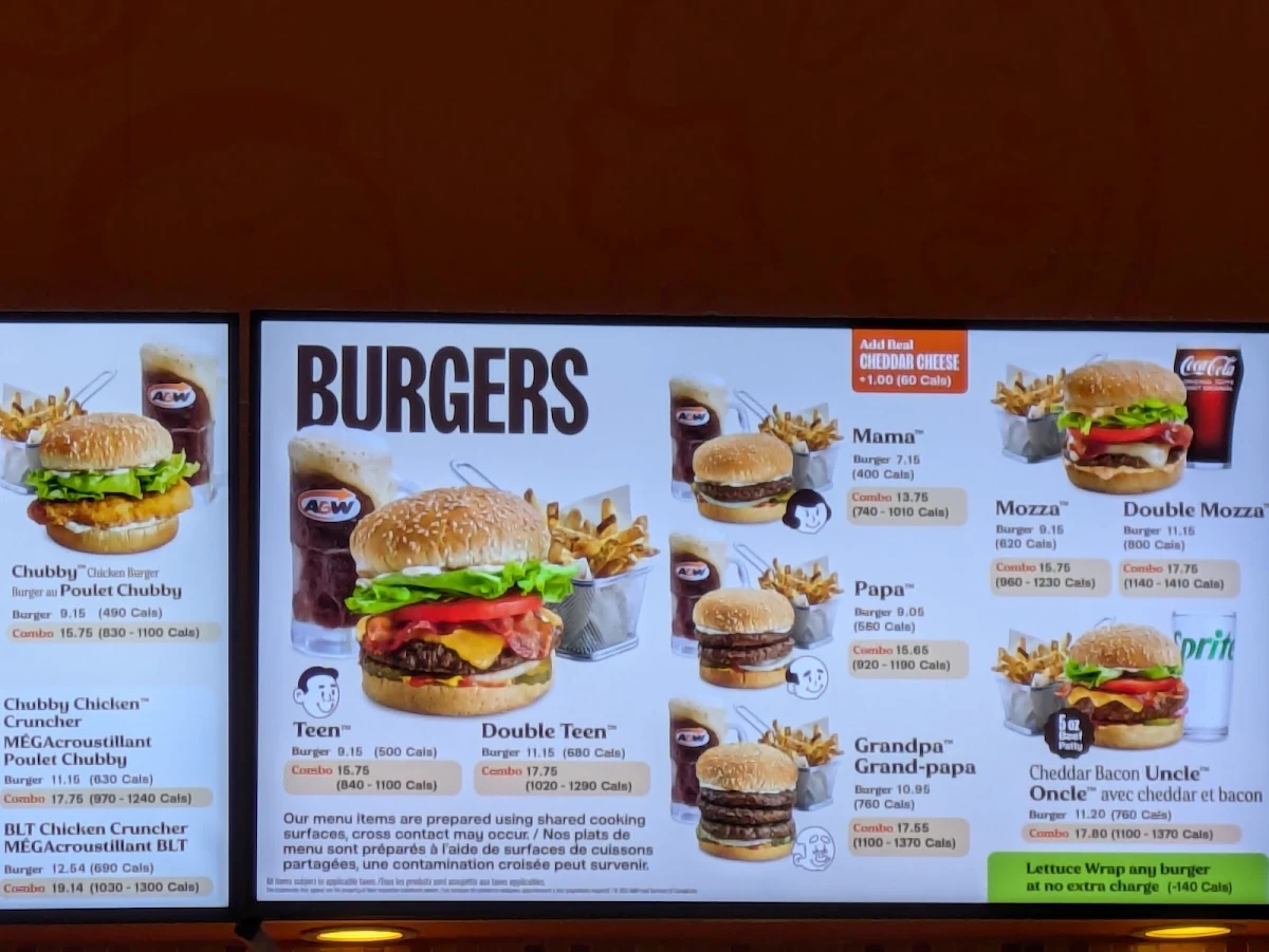 Menu, A&W Canada