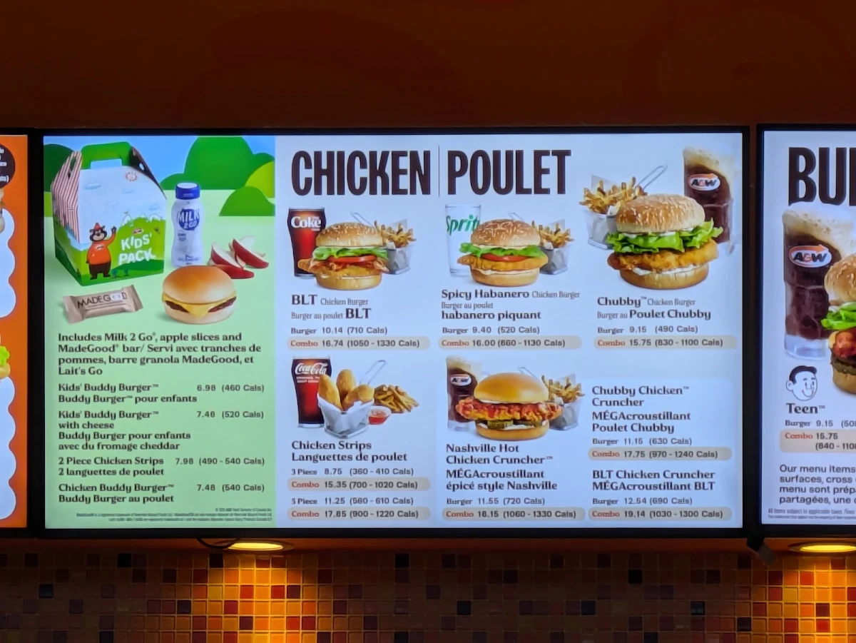 Menu, A&W Canada