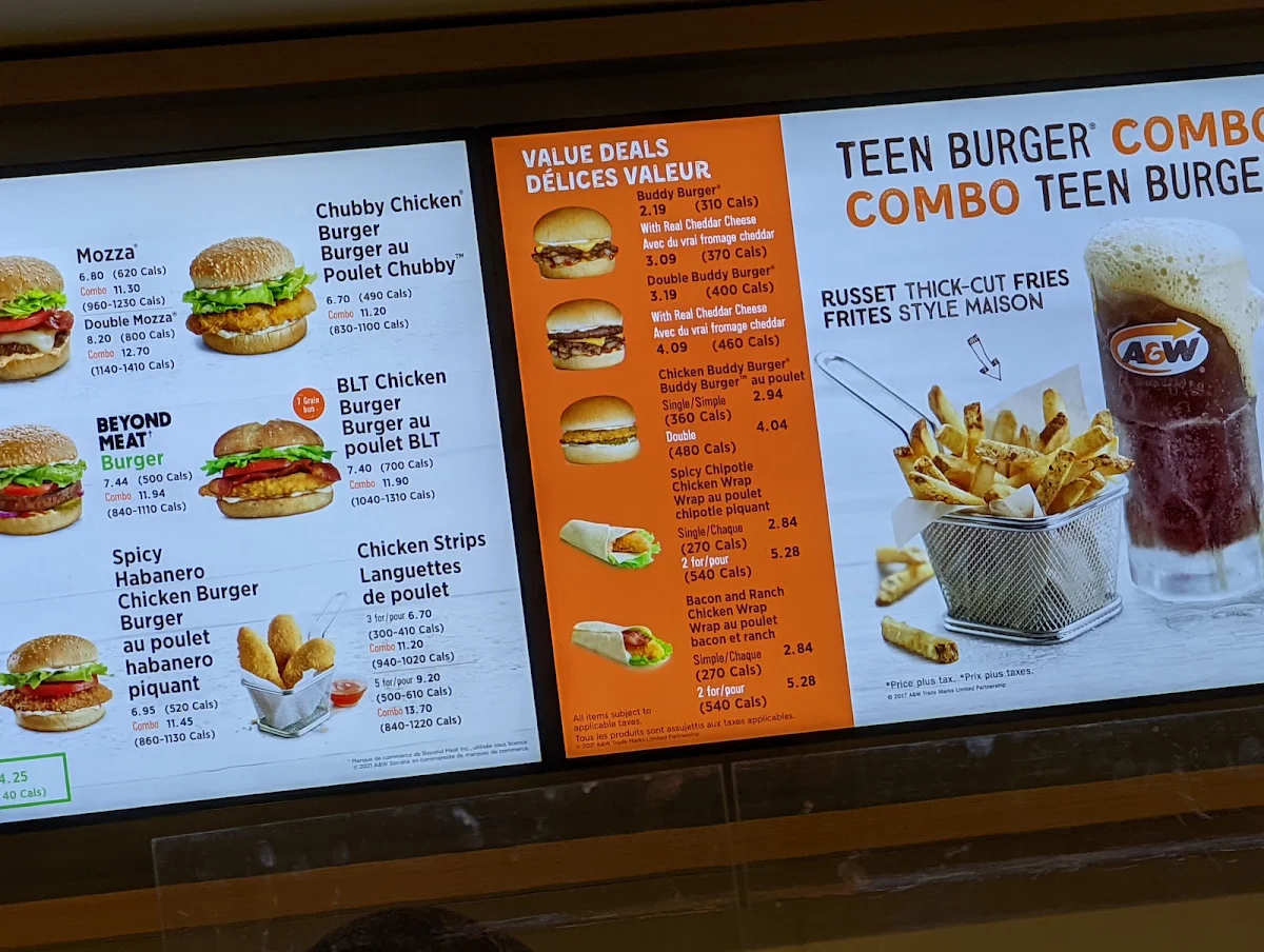 Menu, A&W Canada