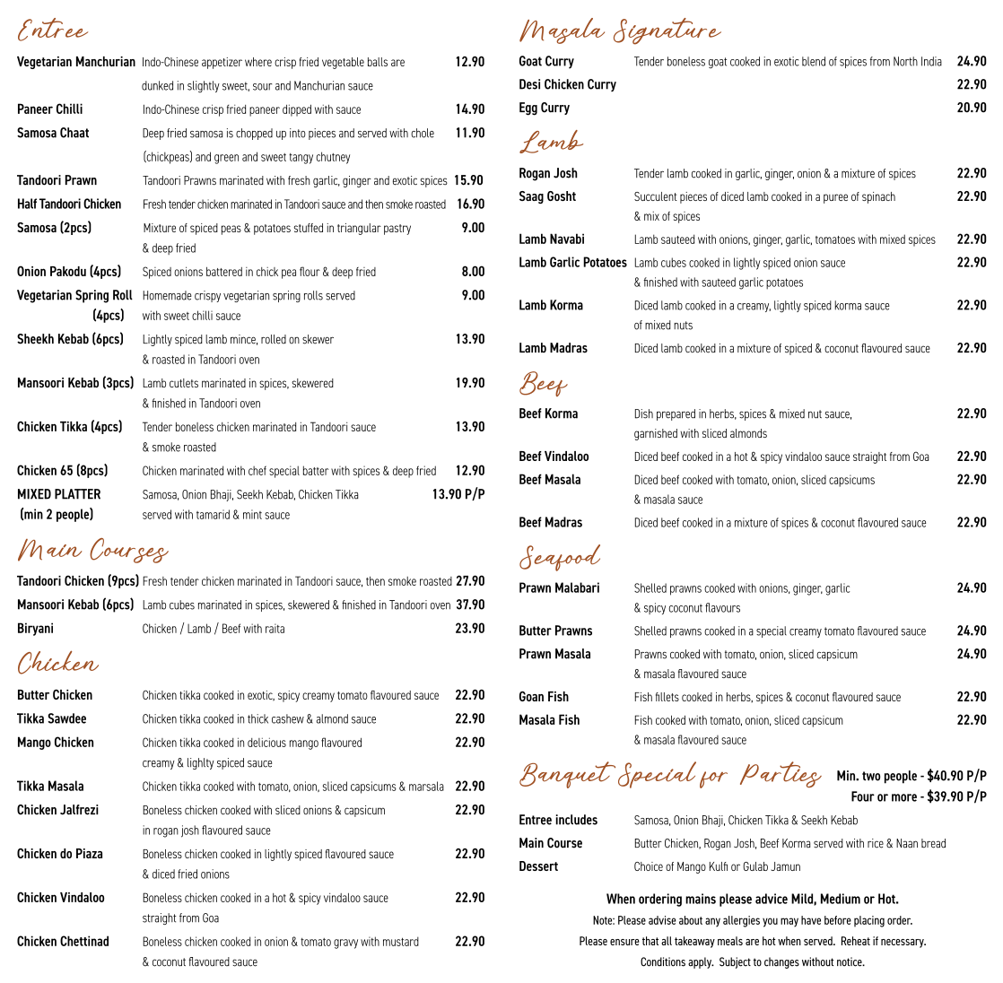 Menu, Masala Indian Cuisine