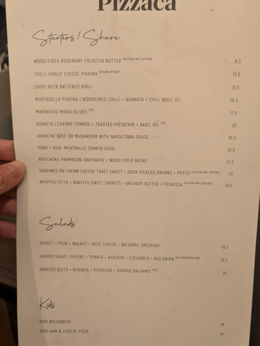 Menu, Pizzaca Pizzeria & Bar