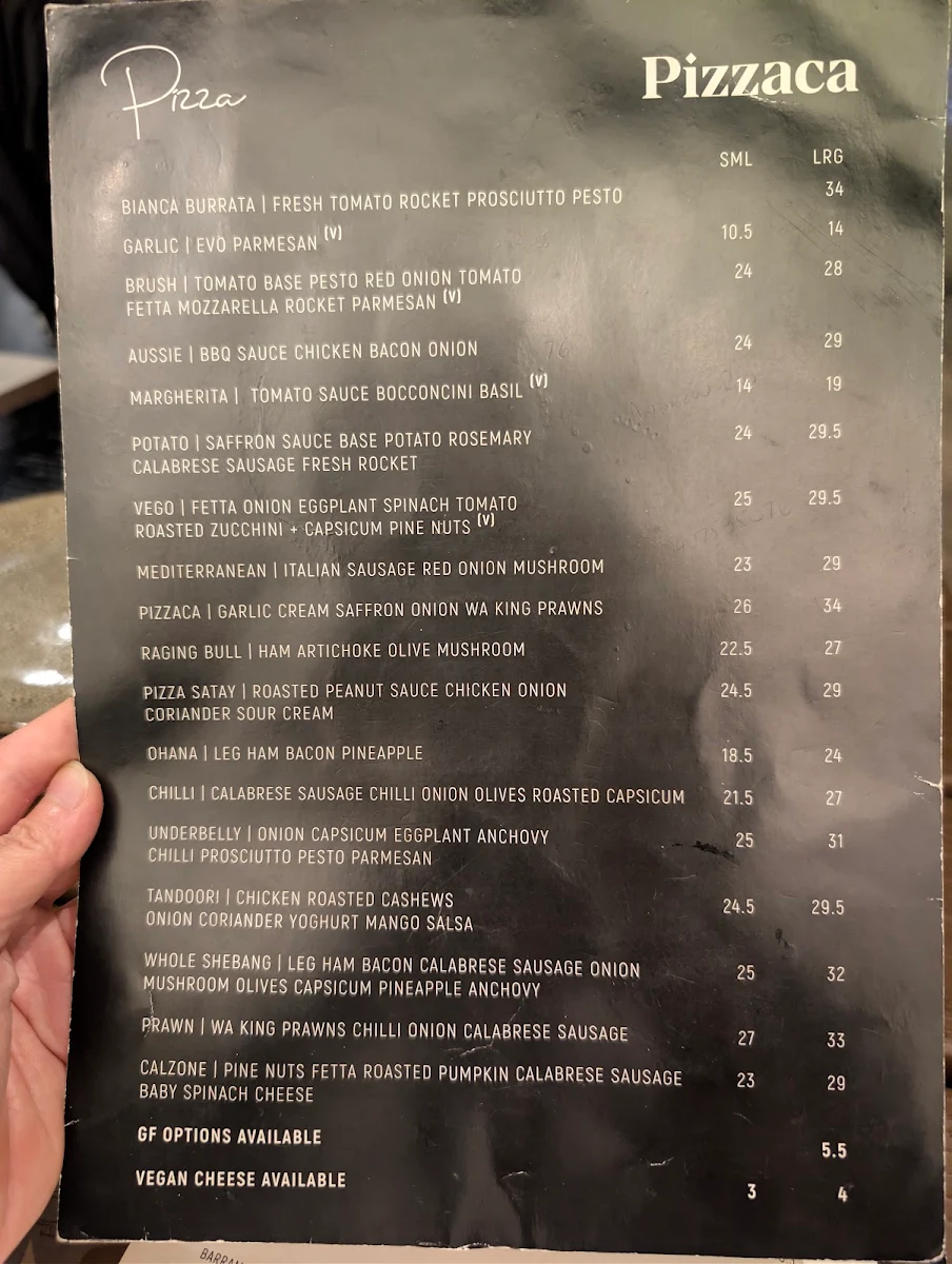 Menu, Pizzaca Pizzeria & Bar