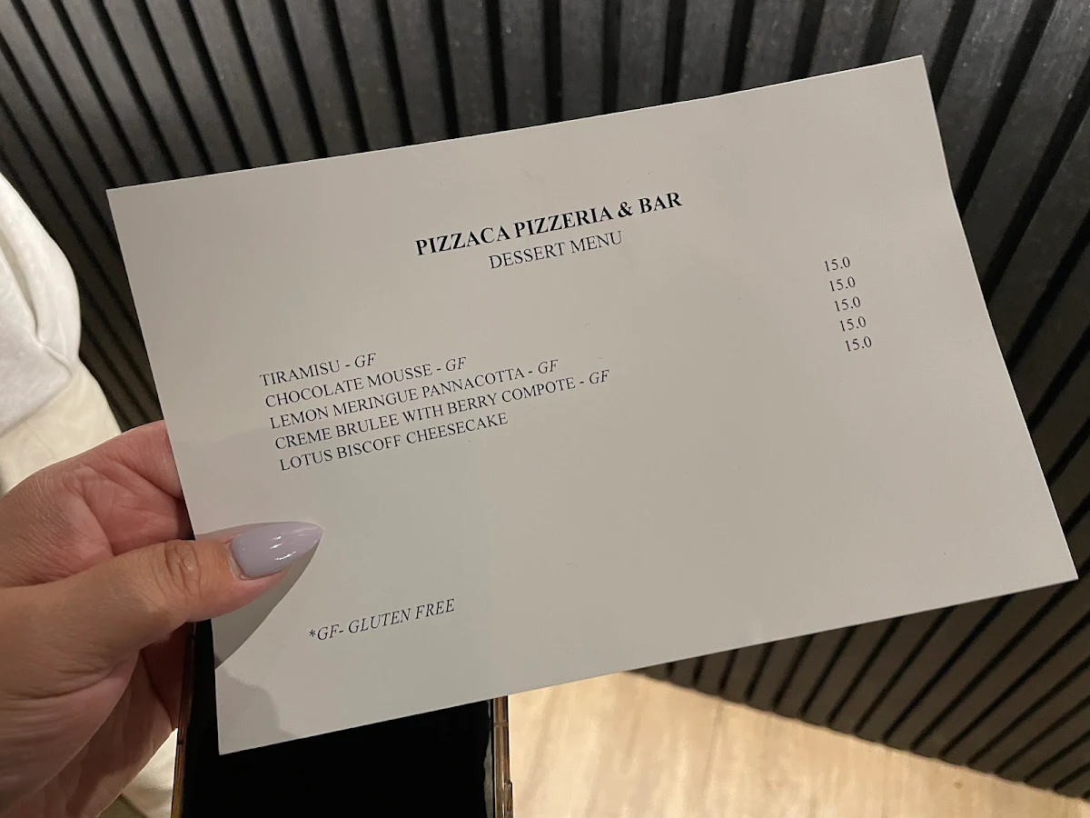 Menu, Pizzaca Pizzeria & Bar