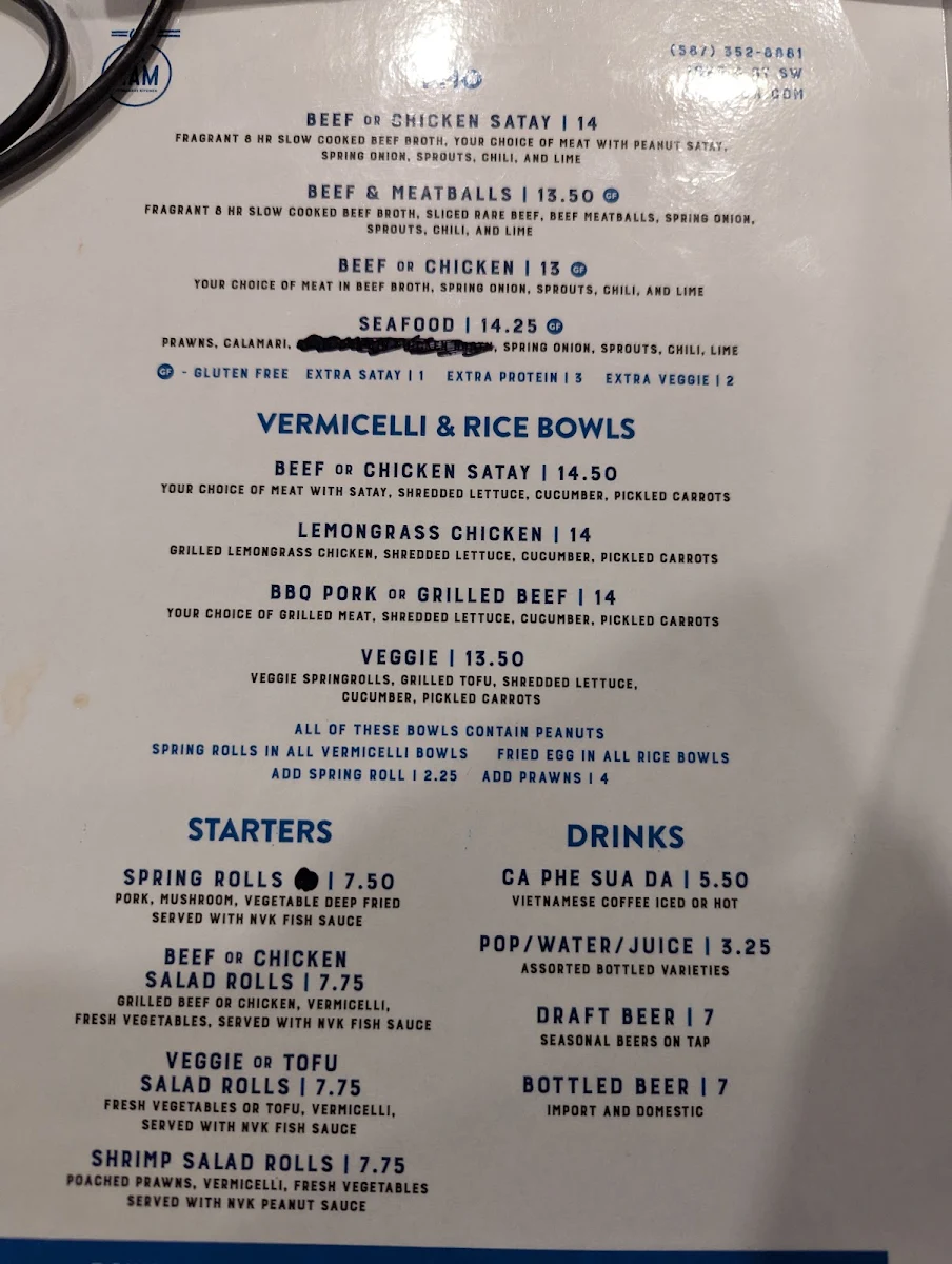 Menu, NAM Vietnamese Kitchen
