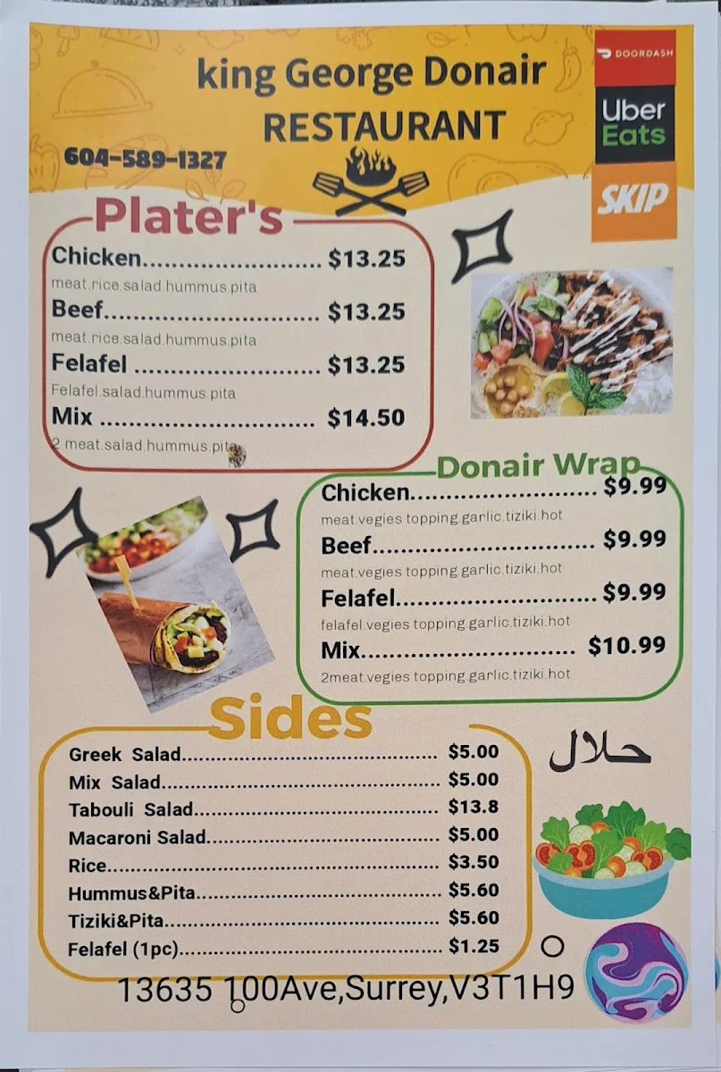 Menu, King George Donair Halal