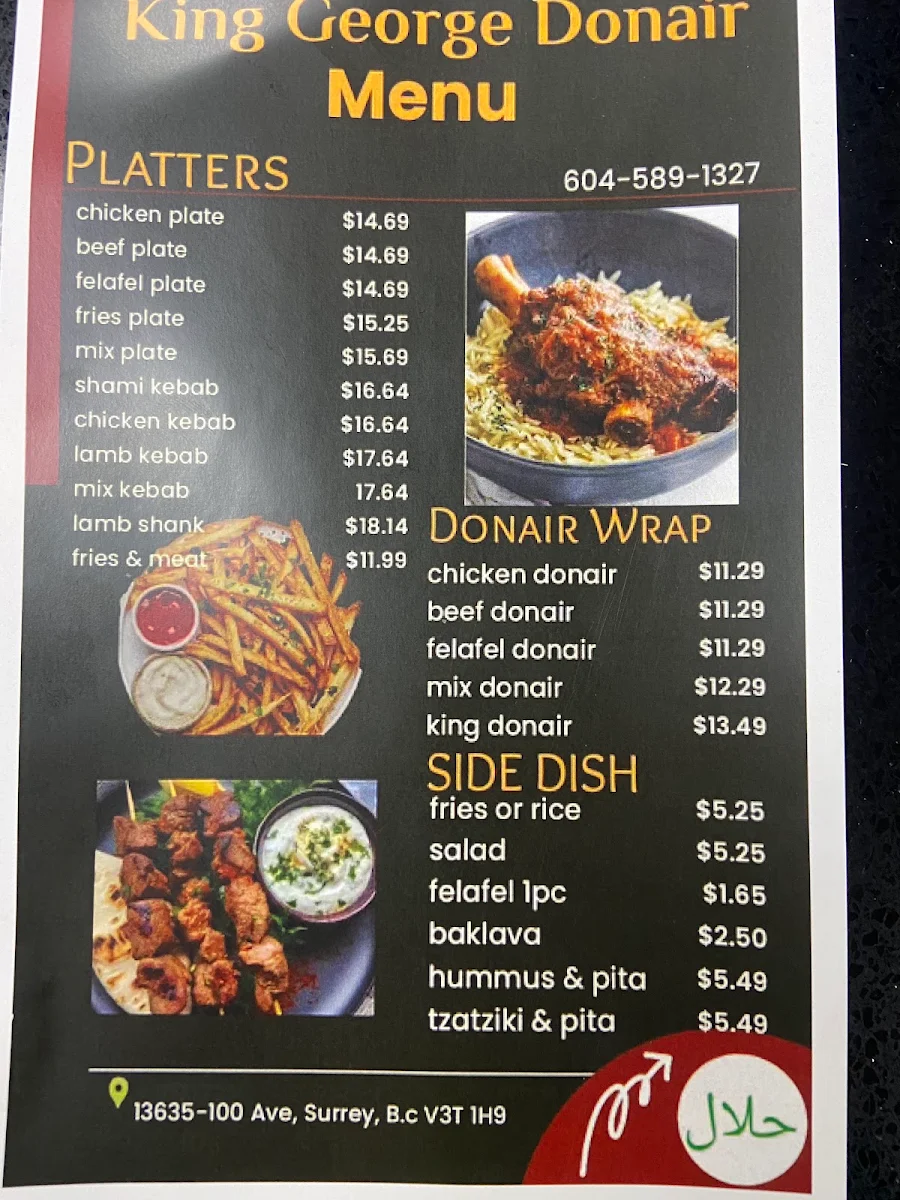 Menu, King George Donair Halal