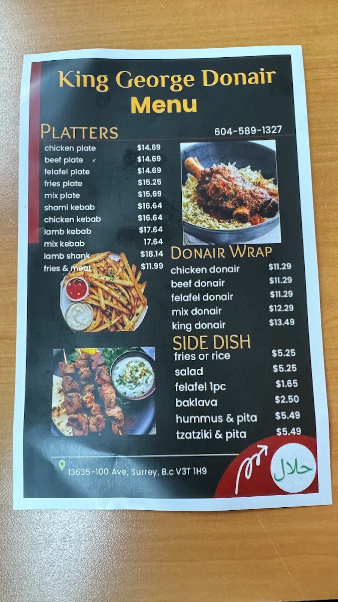 Menu, King George Donair Halal