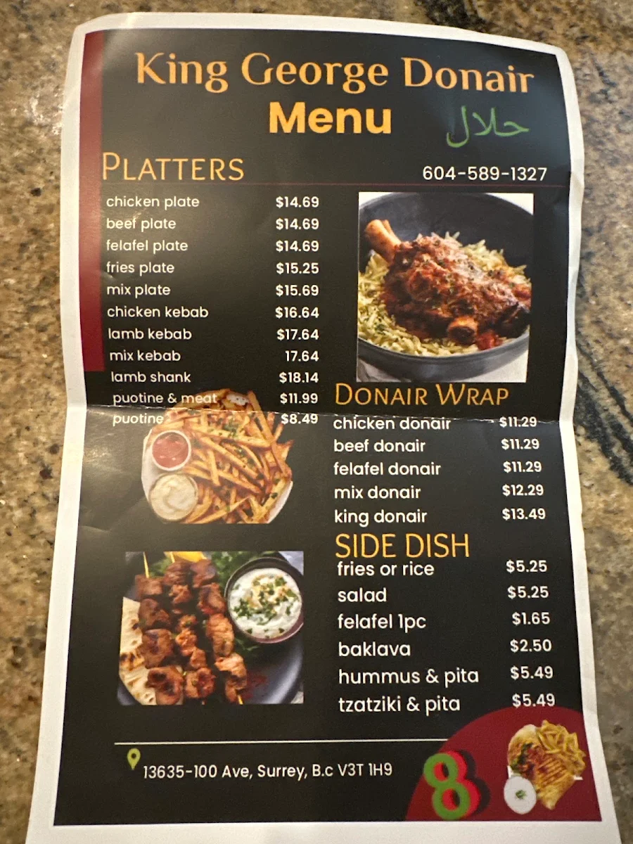 Menu, King George Donair Halal