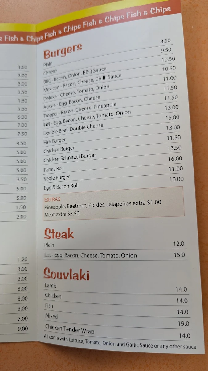 Menu, Jamz fish and chips