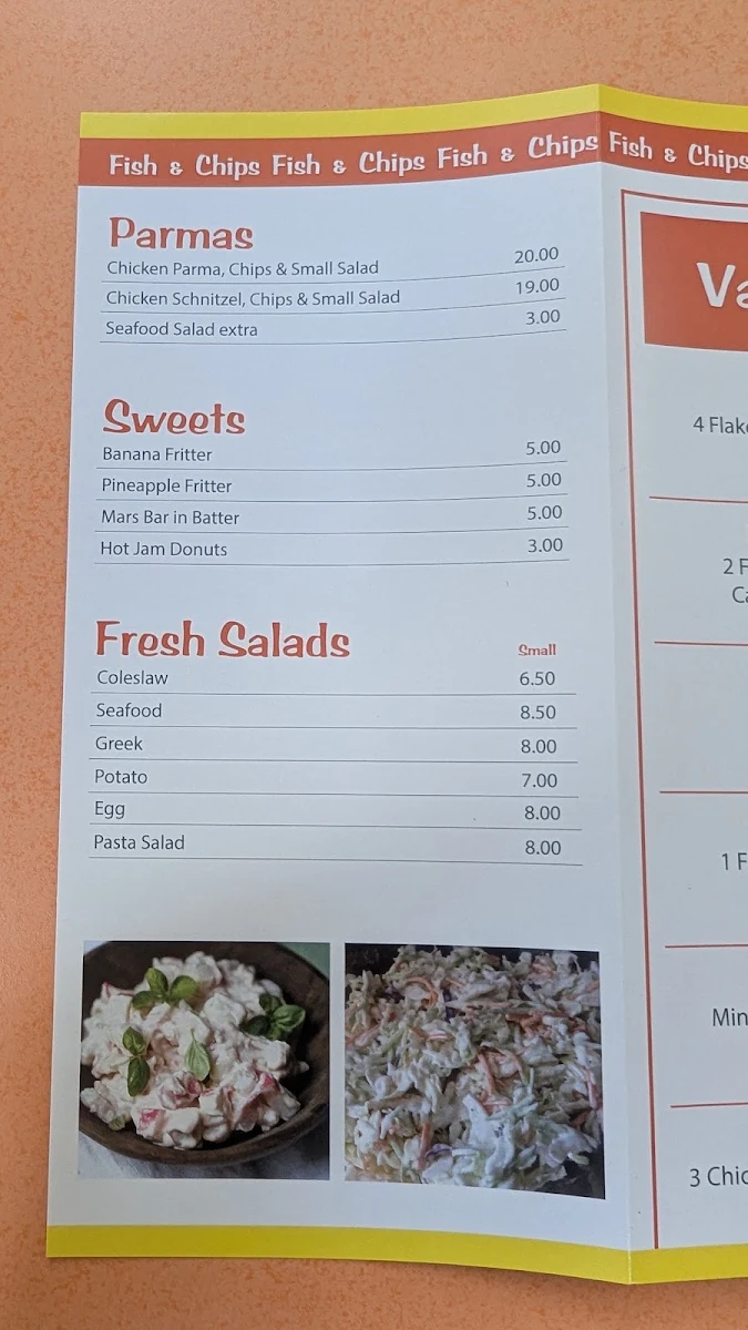 Menu, Jamz fish and chips
