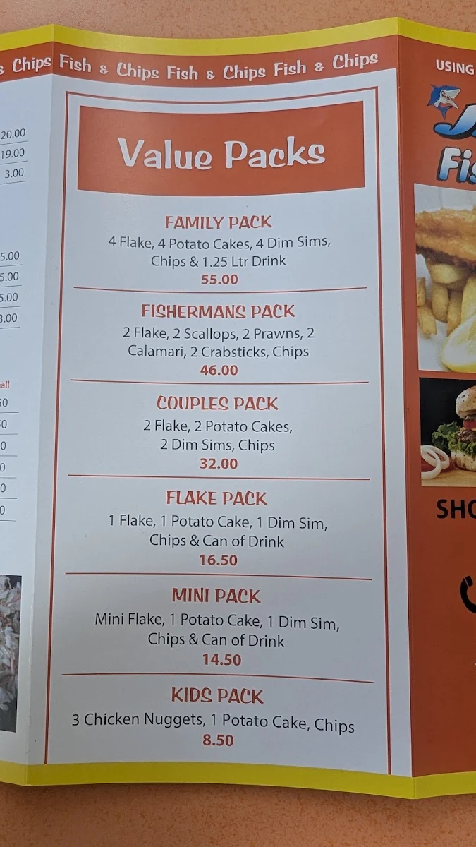 Menu, Jamz fish and chips