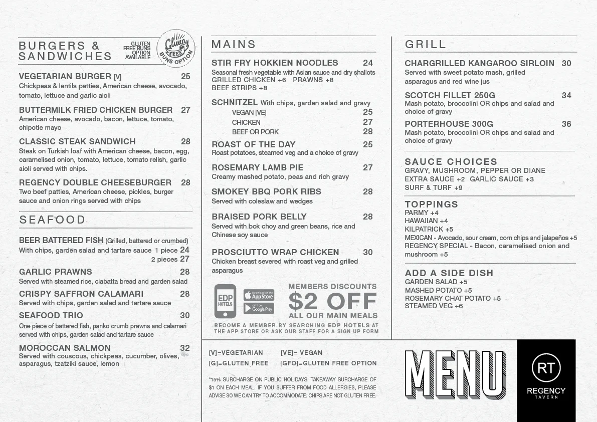Menu, Regency Tavern