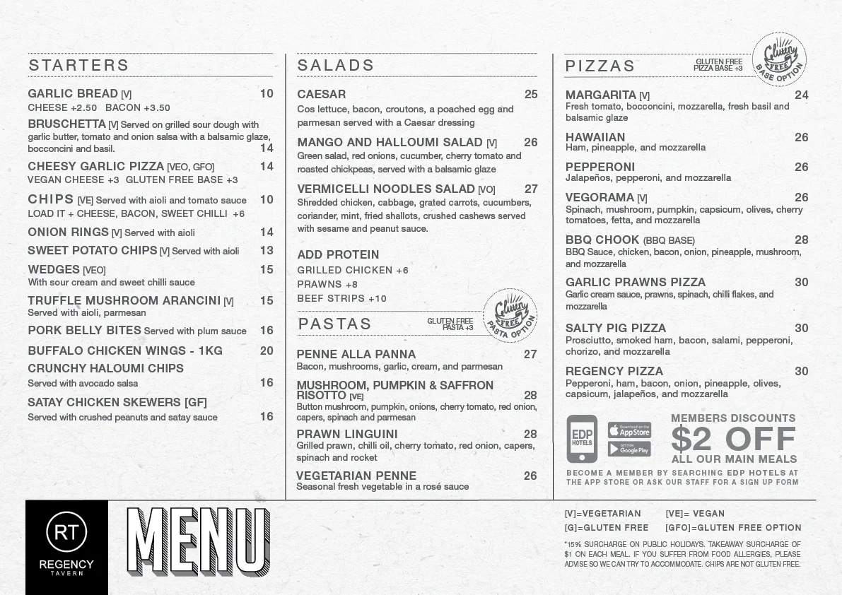 Menu, Regency Tavern