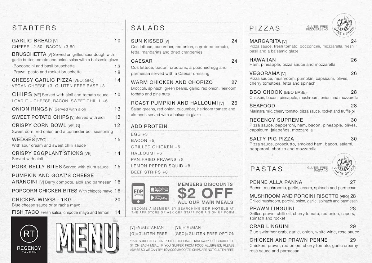 Menu, Regency Tavern