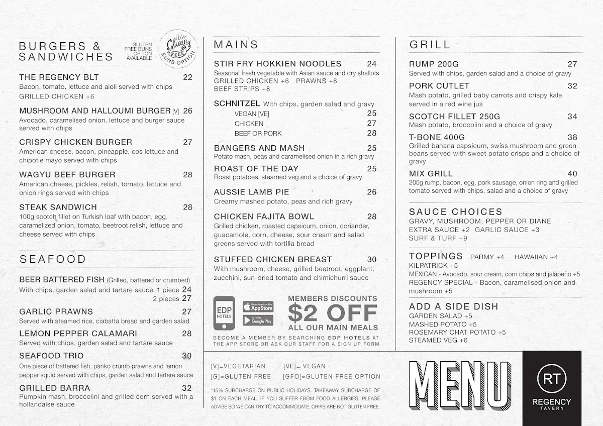 Menu, Regency Tavern