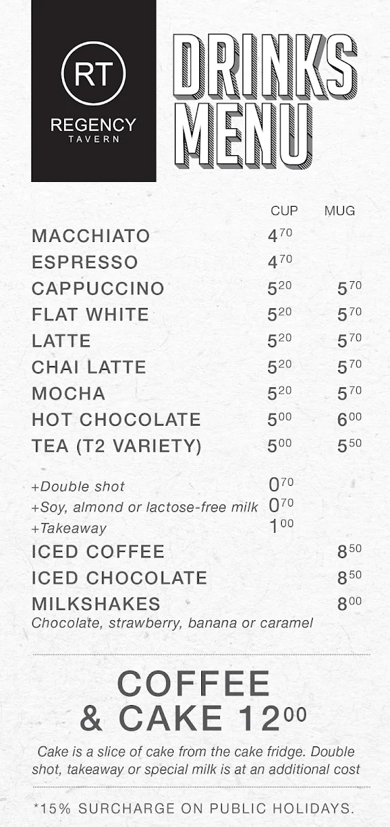 Menu, Regency Tavern