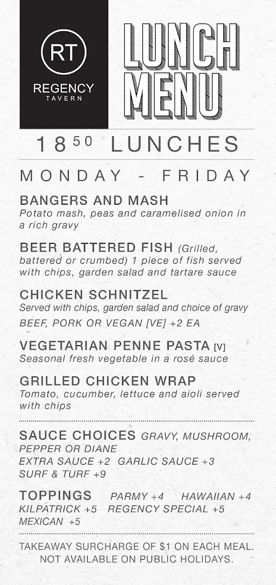 Menu, Regency Tavern