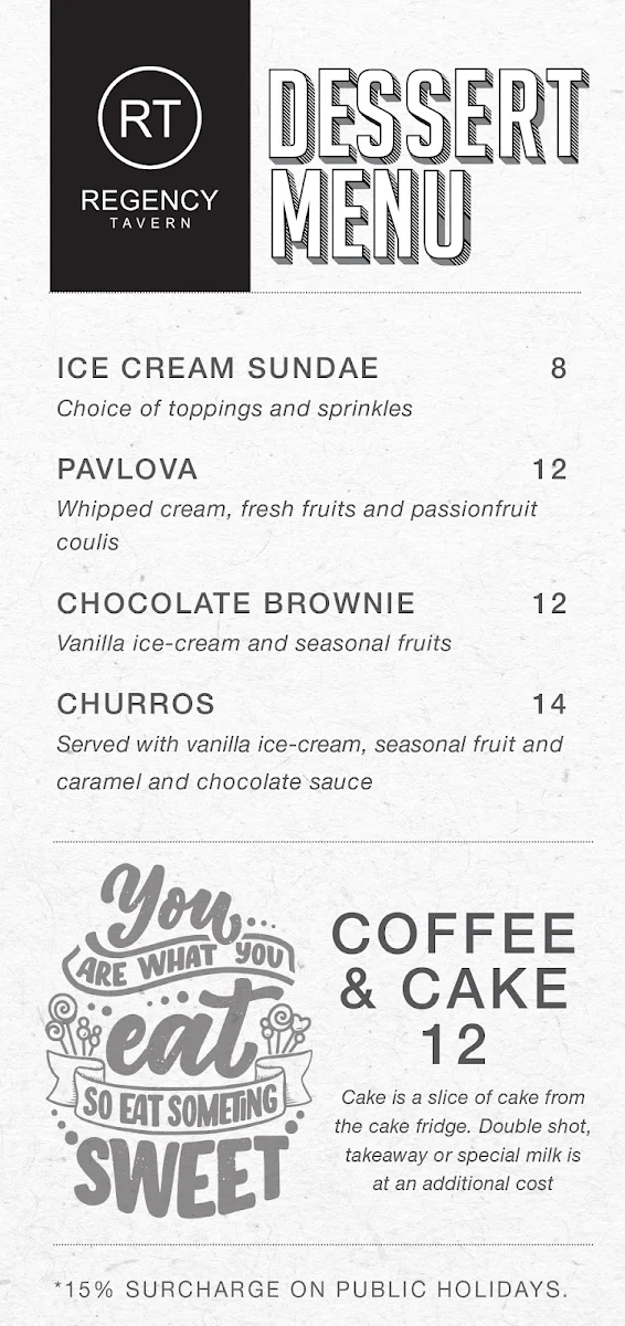 Menu, Regency Tavern