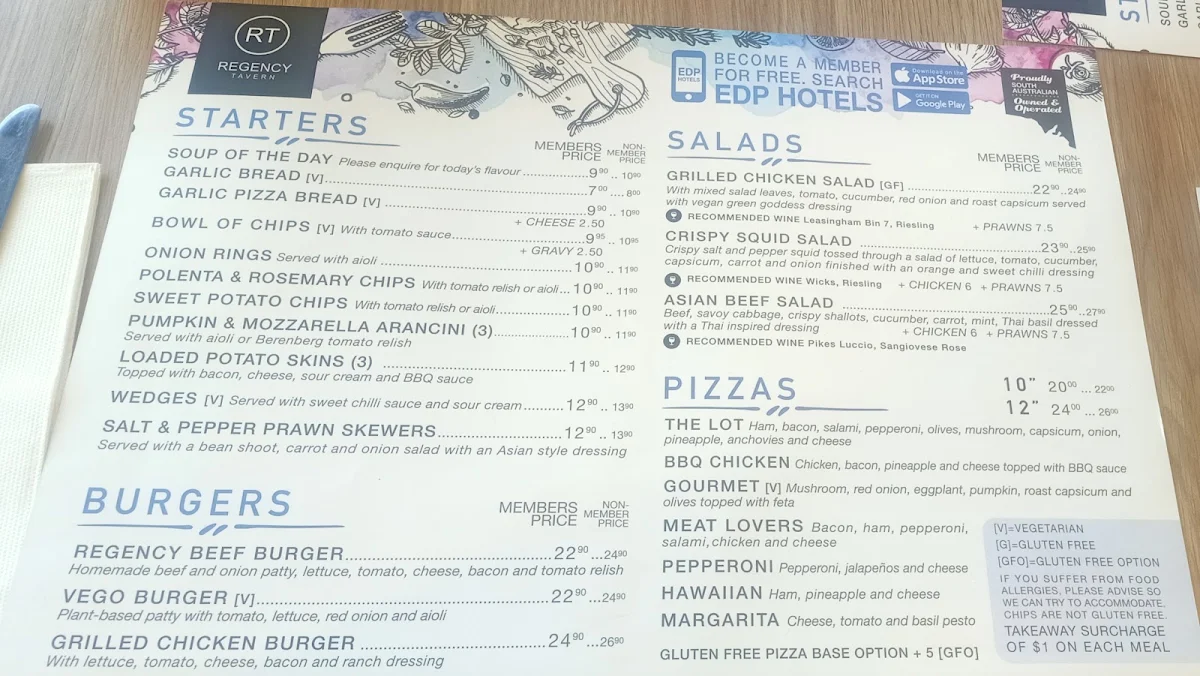 Menu, Regency Tavern