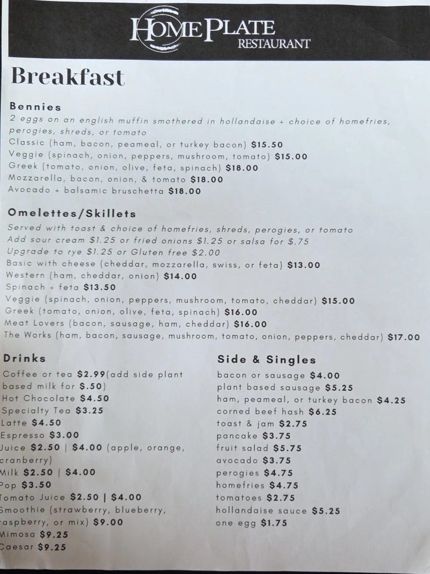 Menu, Home Plate Restaurant