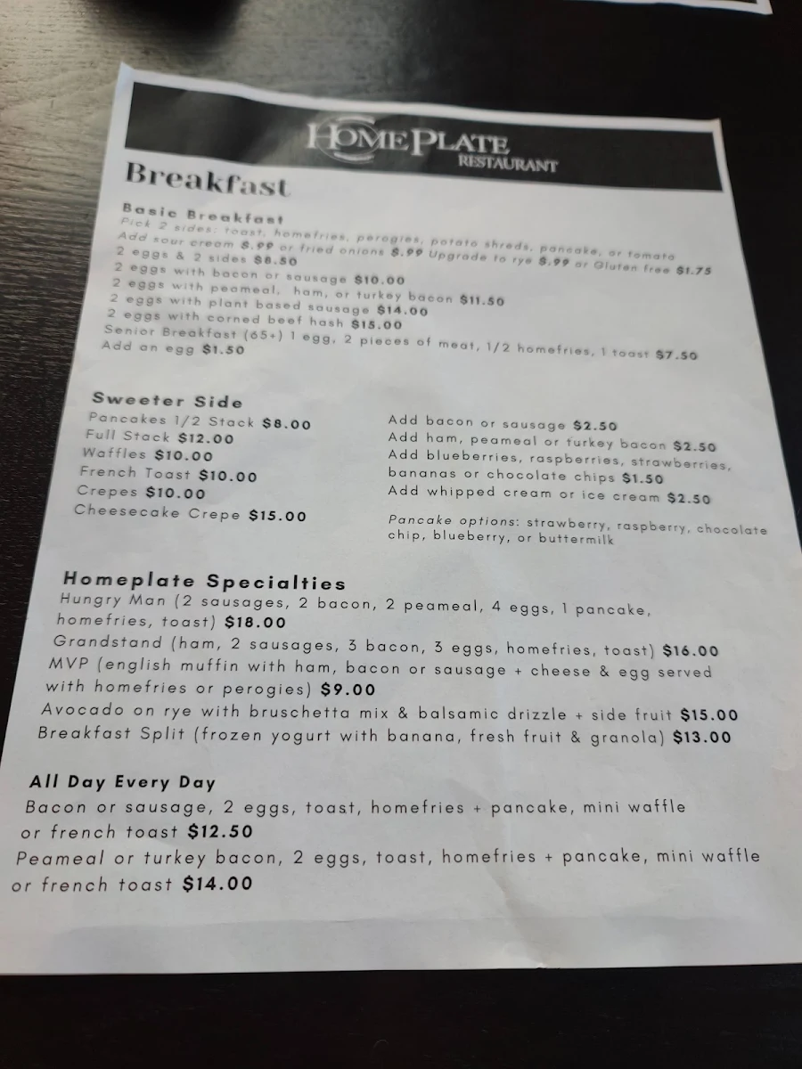 Menu, Home Plate Restaurant
