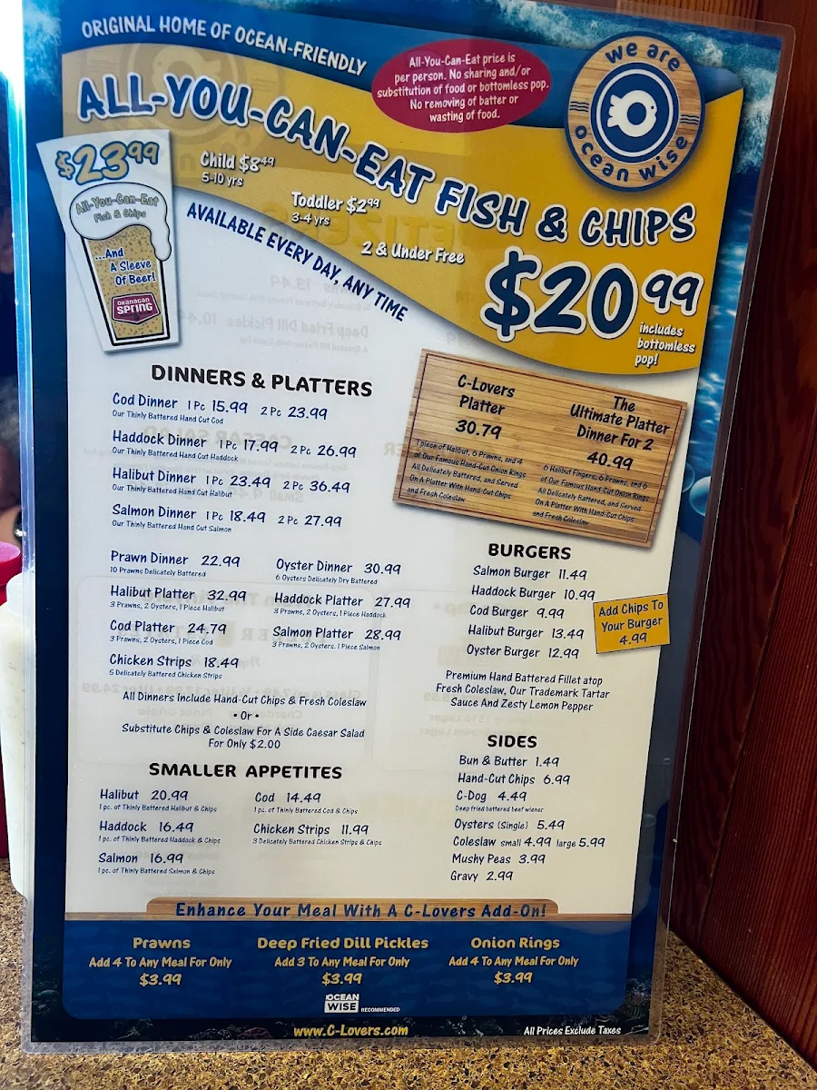 Menu, C-Lovers Fish & Chips