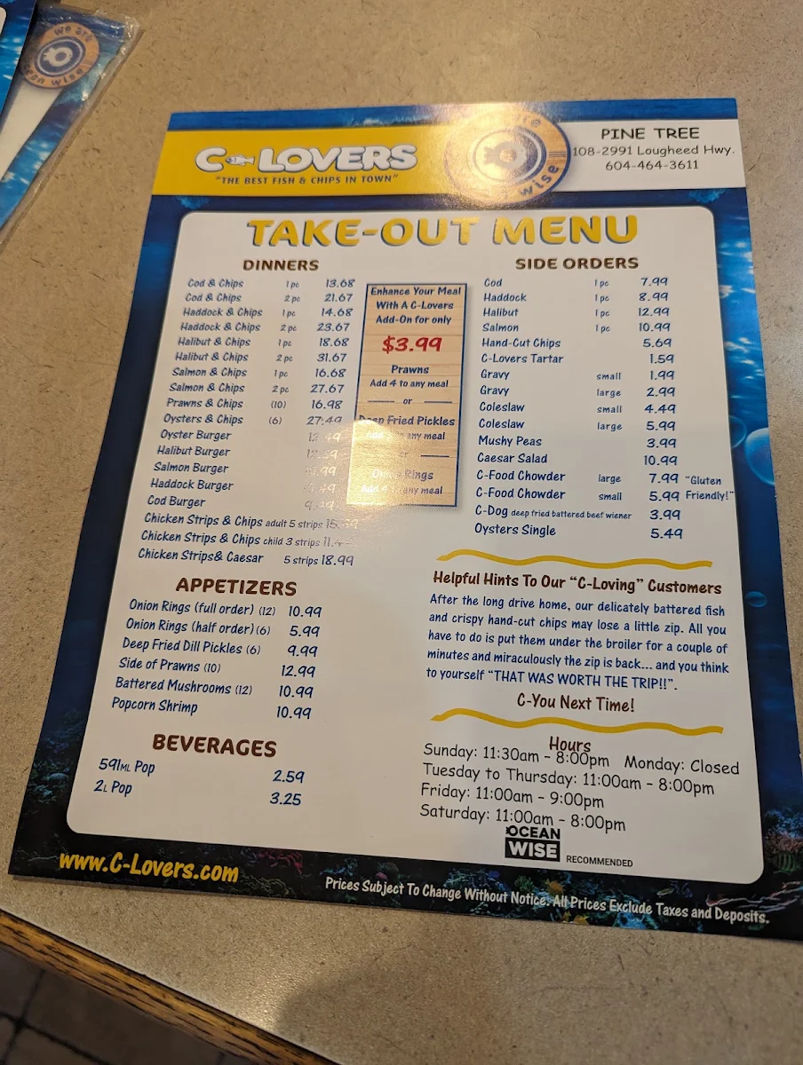 Menu, C-Lovers Fish & Chips