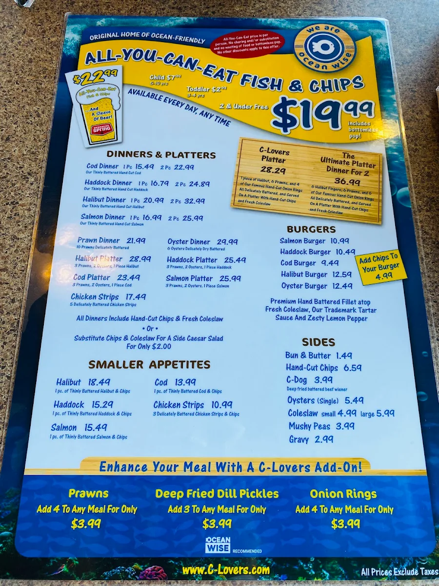 Menu, C-Lovers Fish & Chips