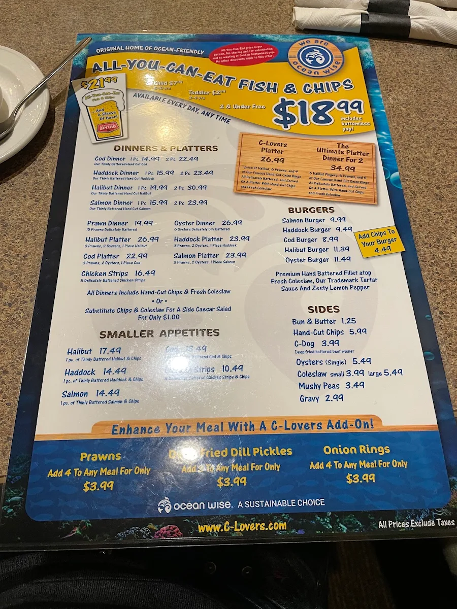 Menu, C-Lovers Fish & Chips