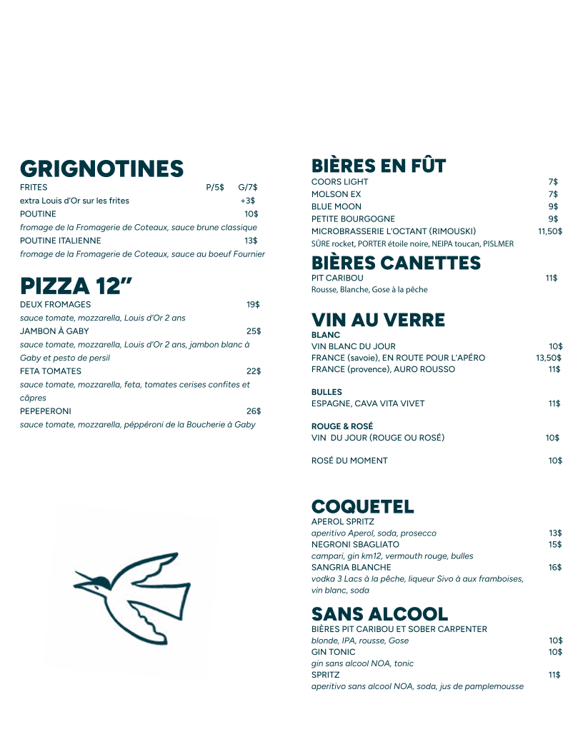 Menu, Restaurant Le Bicois